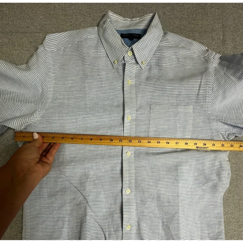 Banana Republic Linen Blend Shirt Mens Large Blue Striped Slim Fit Button Up